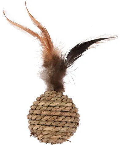 FLAMINGO Jucarie pentru pisici Minge din sfoara cu pene, cu sunete, 16cm