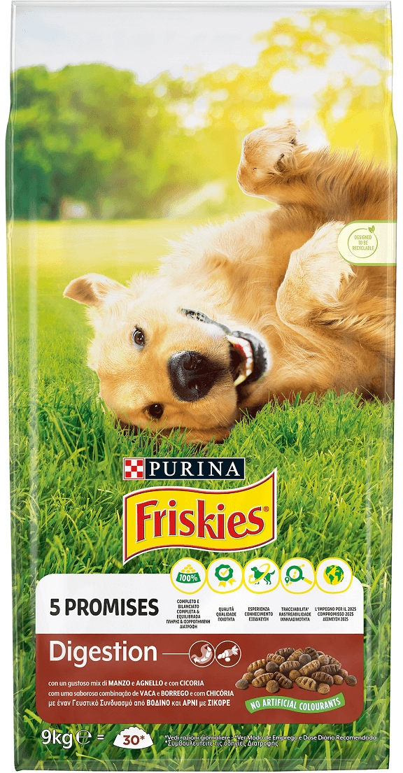 FRISKIES Hrana uscata DIGESTION pentru caini Adulti, Vita, Miel si Cicoare 9kg
