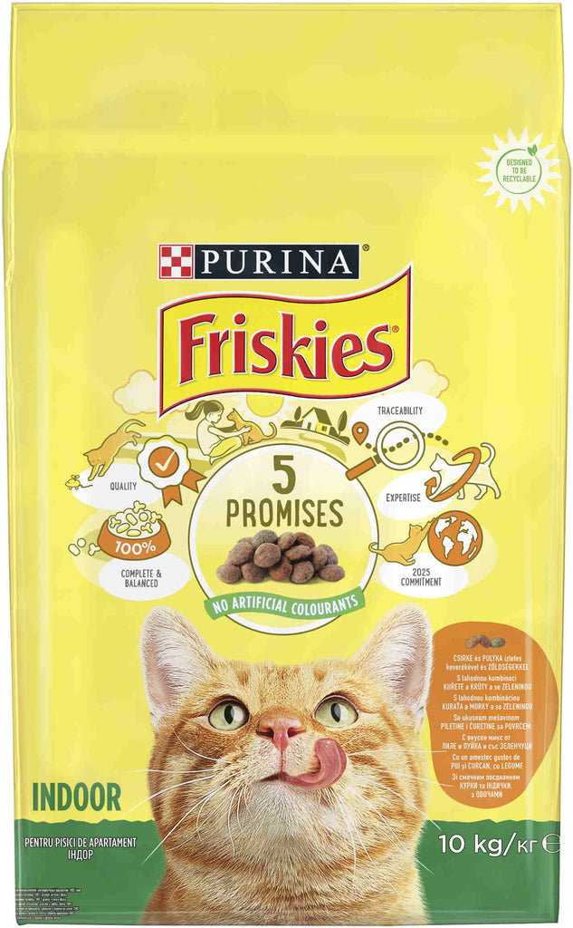 FRISKIES Hrana uscata pentru pisici INDOOR cu Pui şi Verdeţuri de Gradina 10kg