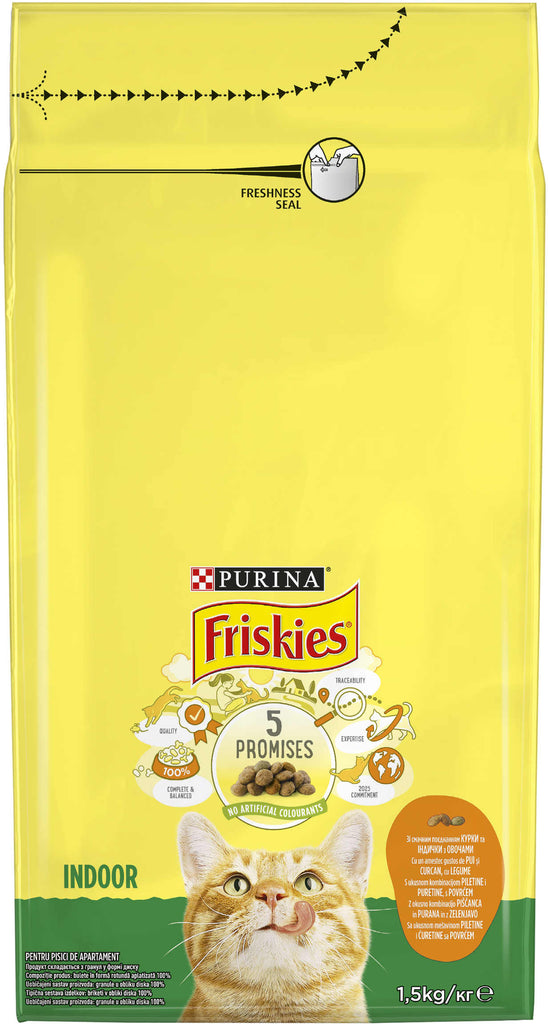 FRISKIES Hrana uscata pentru pisici INDOOR cu Pui si Verdeturi de Gradina 1,5kg