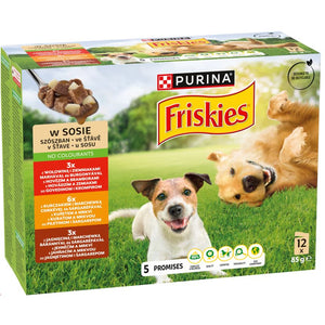 FRISKIES Pachet plicuri pentru caini Adulti, cu Pui, Vita si Miel 12x85g