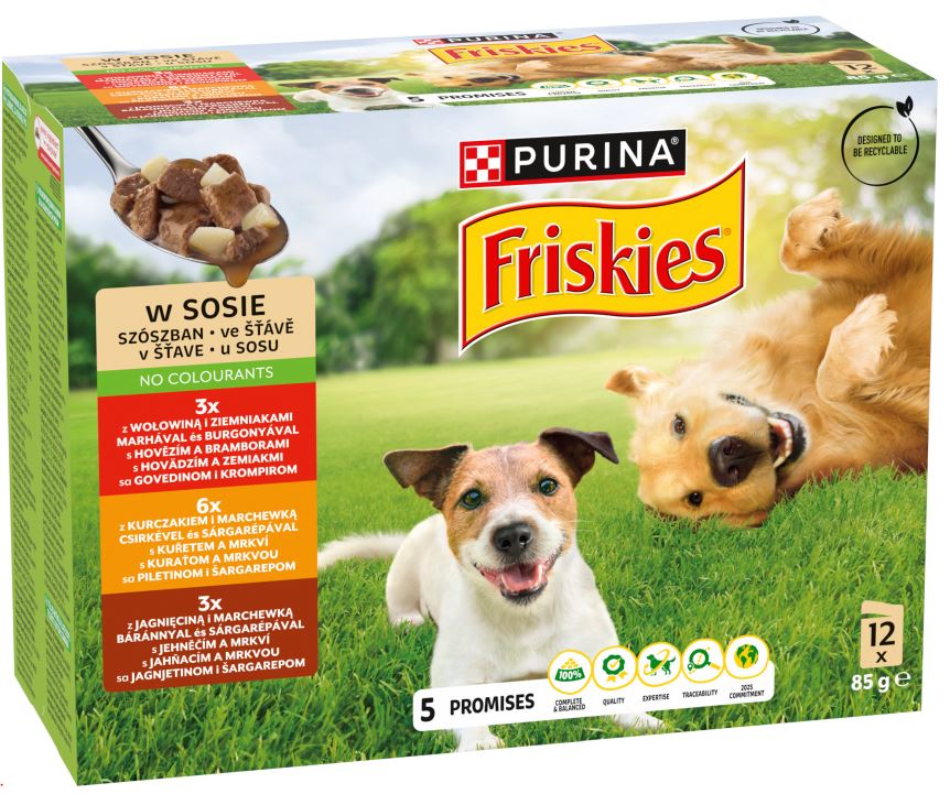 FRISKIES Pachet plicuri pentru caini Adulti, cu Pui, Vita si Miel 12x85g