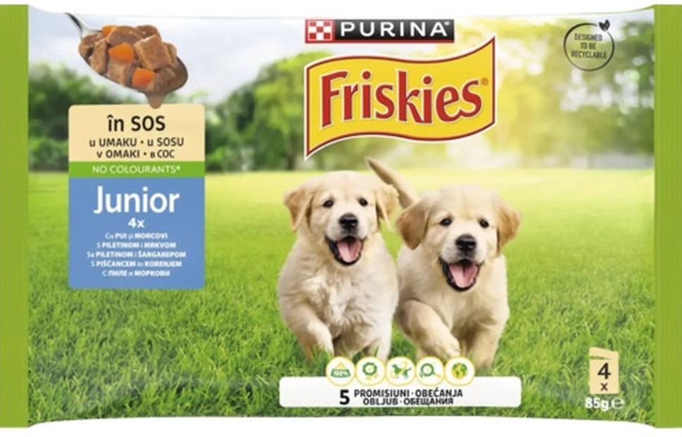 FRISKIES Pachet plicuri pentru catei JUNIOR, cu Pui si Morcovi in aspic 4x85g