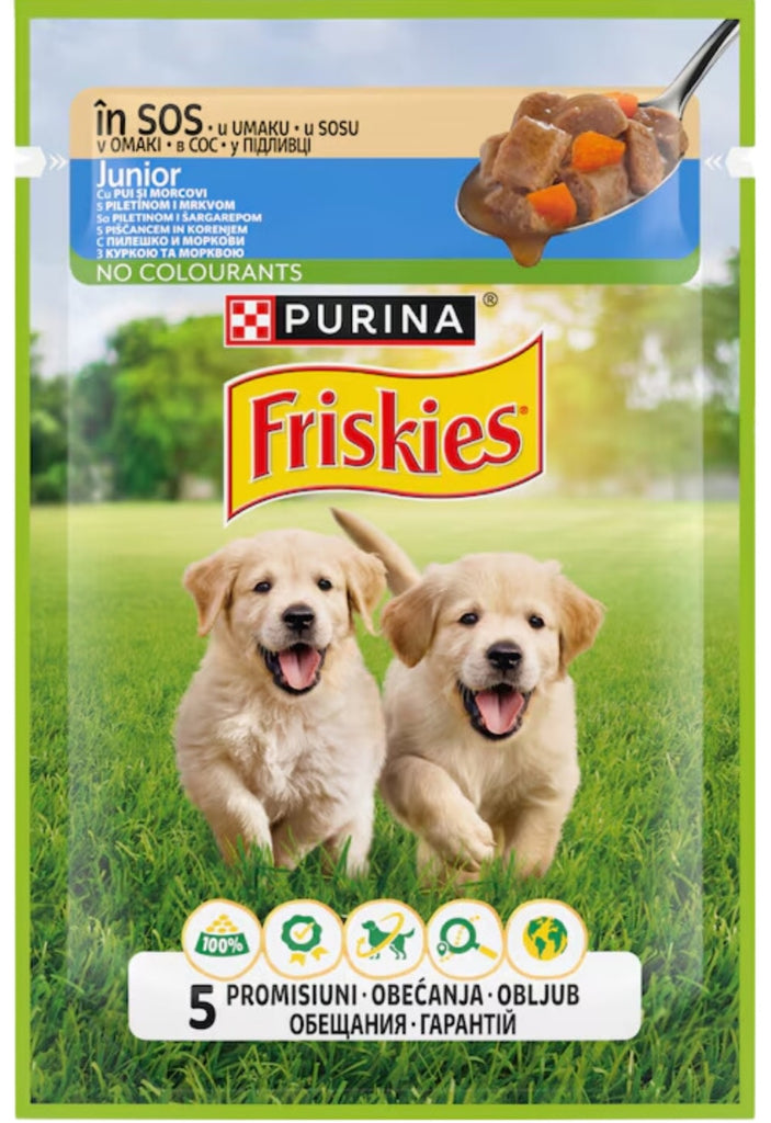 FRISKIES Plic hrana umeda pt catei JUNOR, cu Pui si Morcovi in aspic
