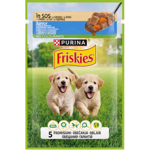 FRISKIES Plic hrana umeda pt catei JUNOR, cu Pui si Morcovi in aspic 85g