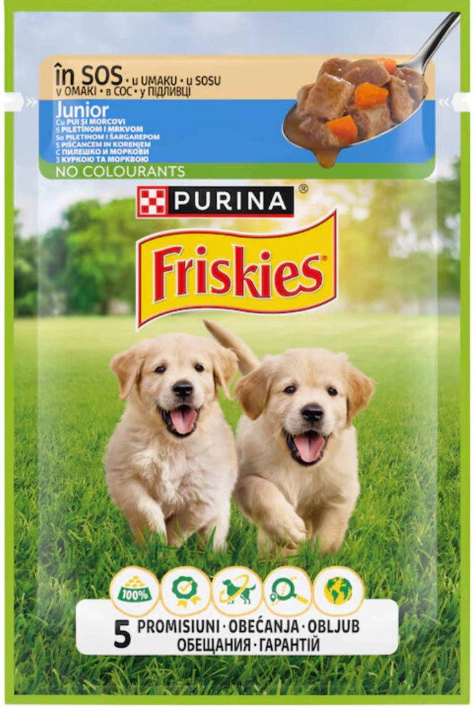 FRISKIES Plic hrana umeda pt catei JUNOR, cu Pui si Morcovi in aspic 85g