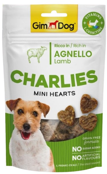 GIMDOG CHARLIES Mini Hearts Recompensa pentru caini, cu Miel 70g  