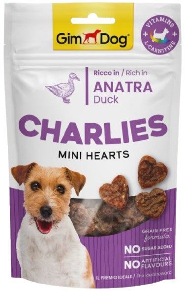 GIMDOG CHARLIES Mini Hearts Recompensa pentru caini, cu Rata 70g