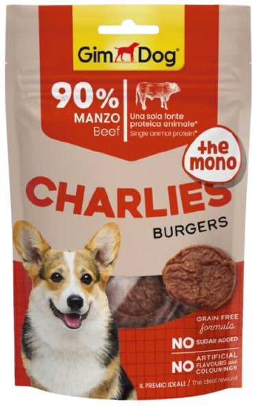 GIMDOG CHARLIES Mono Burgers Recompensa pentru caini, cu Vita 70g