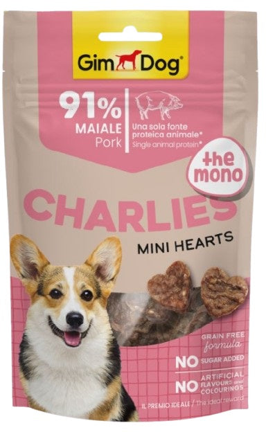 GIMDOG CHARLIES Mono Mini Hearts Recompensa pentru caini , cu Porc 70g 