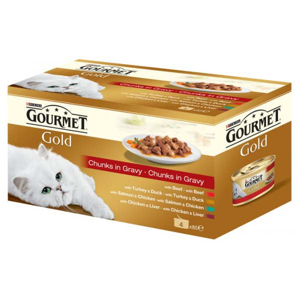 GOURMET Gold Pachet conserve in sos Vita, Pui, Somon, Curcan si Rata 4x85g