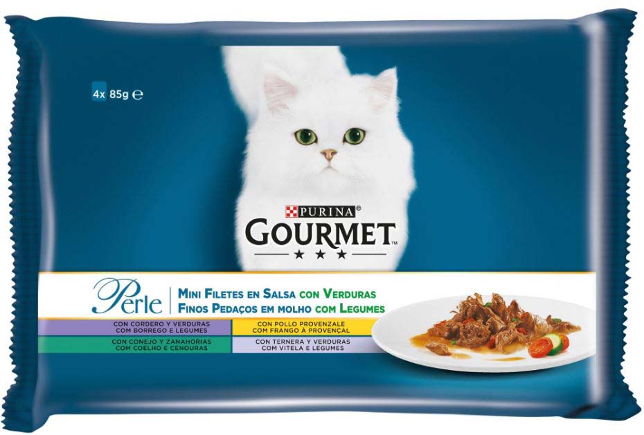 GOURMET Perle Pachet plicuri Miel, Pui, Vitel, Iepure cu Legume sos exotic 4x85g