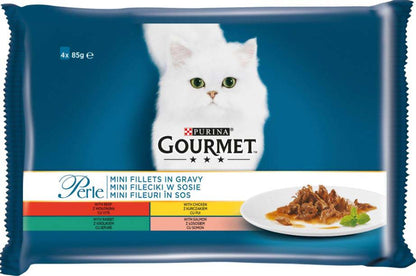 GOURMET Perle Pachet plicuri MINI FILEURI in sos Vita, Pui, Iepure, Somon 4x85g