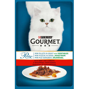 GOURMET Perle Plic hrana umeda MINI FILEURI in sos, cu Vita si Morcovi 85g