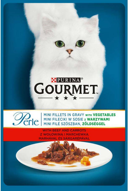 GOURMET Perle Plic hrana umeda MINI FILEURI in sos, cu Vita si Morcovi 85g