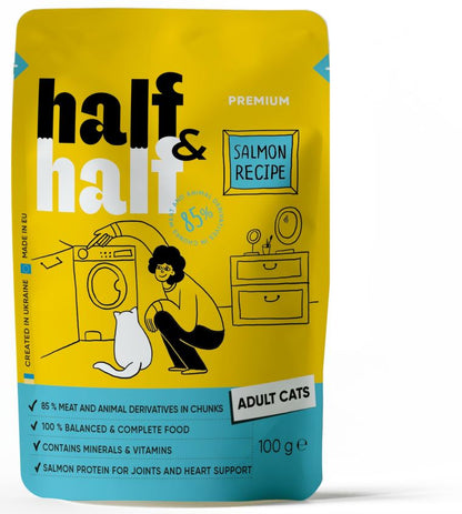 HALF&HALF plic pentru pisici adulte, bucati de Somon in jeleu 100g