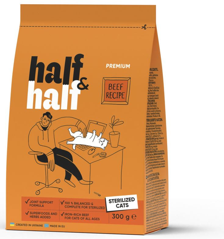 HALF&HALF Sterilised Hrana uscata pentru pisici sterilizate, cu Vita 300g