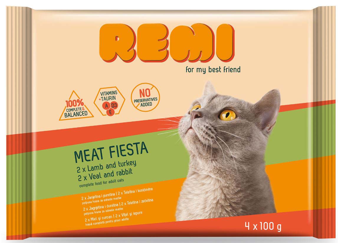 REMI Pachet plicuri pentru pisici adulte, cu Miel/Curcan si Vitel/Iepure 4x100g