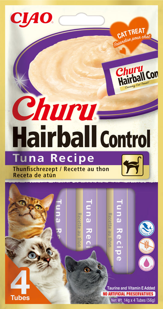 INABA CHURU Hairball Recompensă pt. pisici, Piure cu Ton, Pachet 4 plicuri x 14g - Maxi-Pet.ro