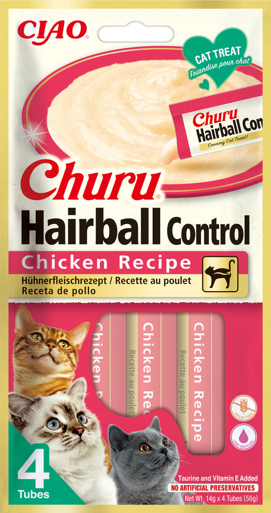 INABA CHURU Hairball Recompensă pt.pisici, Piure cu Pui, Pachet 4 plicuri x 14g - Maxi-Pet.ro