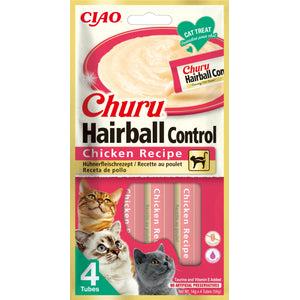 INABA CHURU Hairball Recompensa pt.pisici, Piure cu Pui, Pachet 4 plicuri x 14g