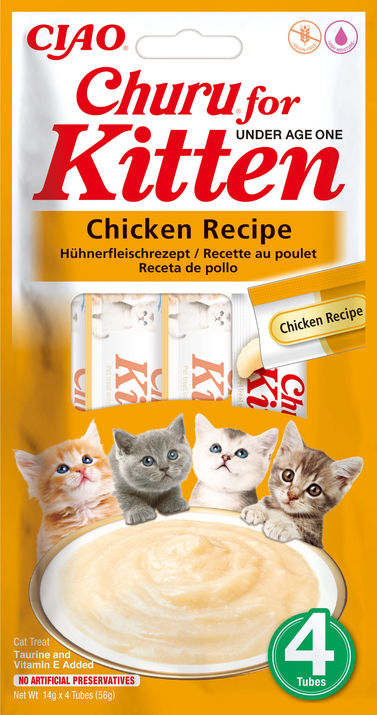 INABA CHURU KITTEN Recompensa pt.pisicute, Piure cu Pui, Pachet 4 plicuri x 14g