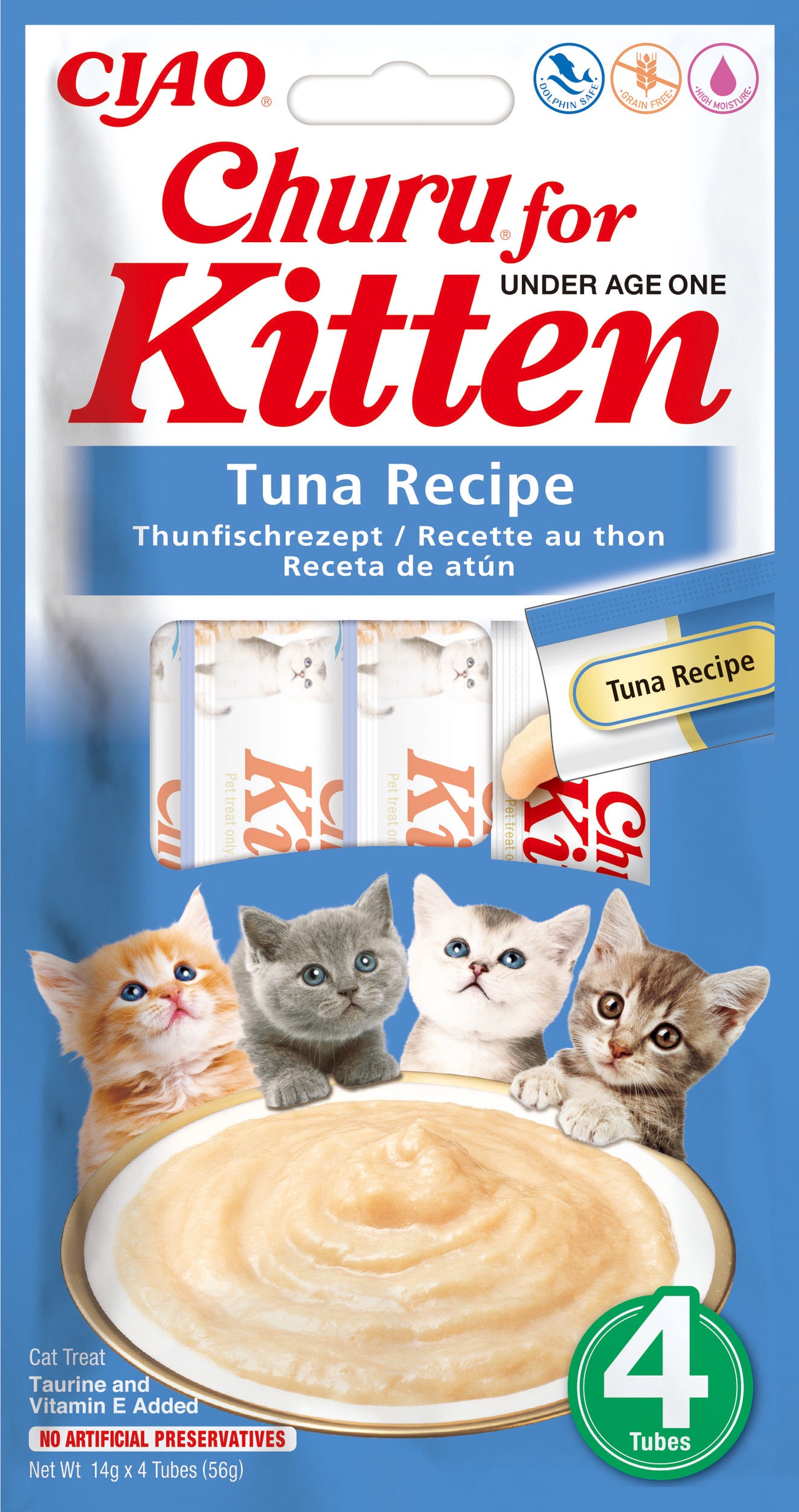 INABA CHURU KITTEN Recompensa pt.pisicute, Piure cu Ton, Pachet 4 plicuri x 14g