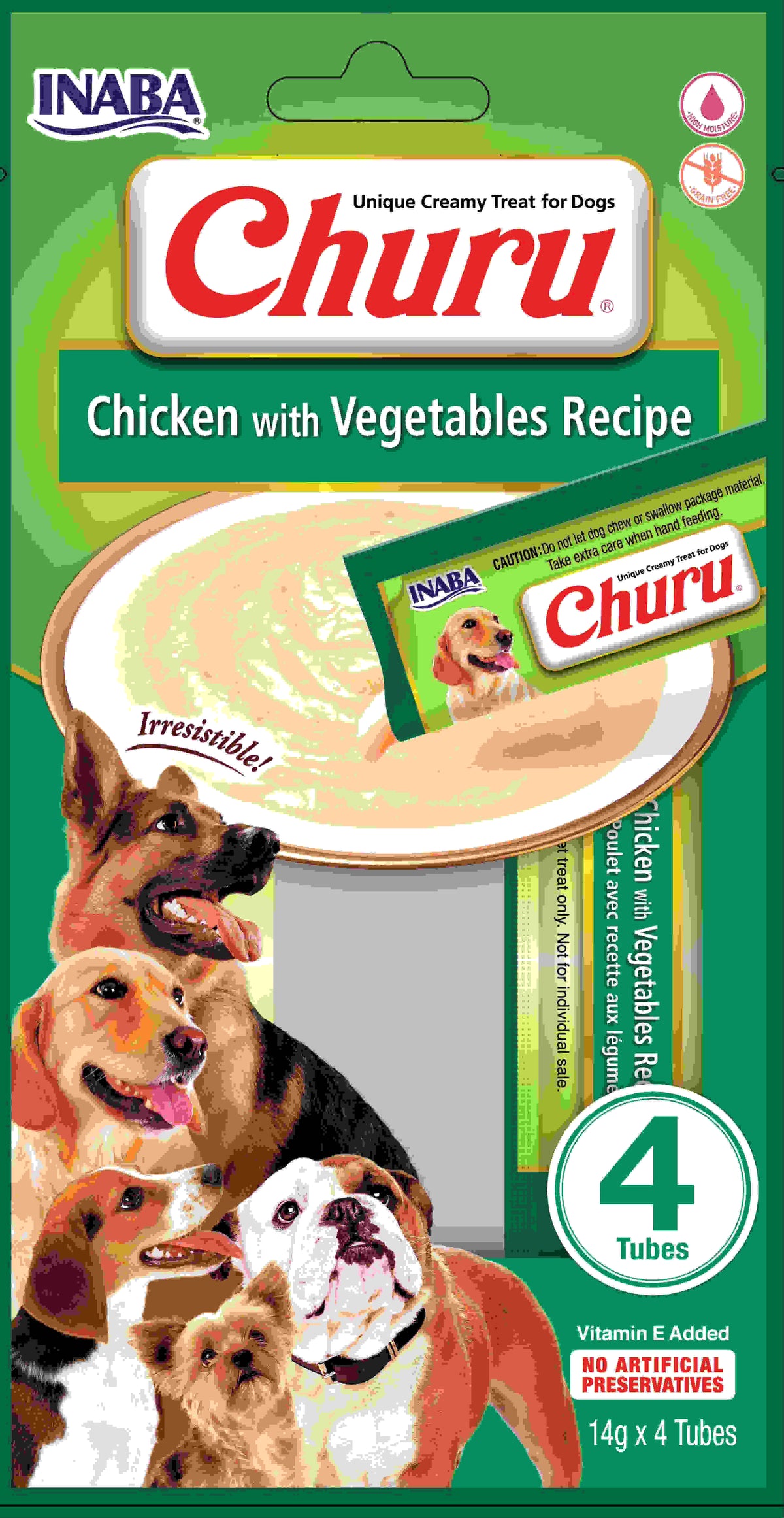 INABA CHURU Recompensa pt. caini, Piure Pui si Legume, Pachet cu 4 plicuri x 14g