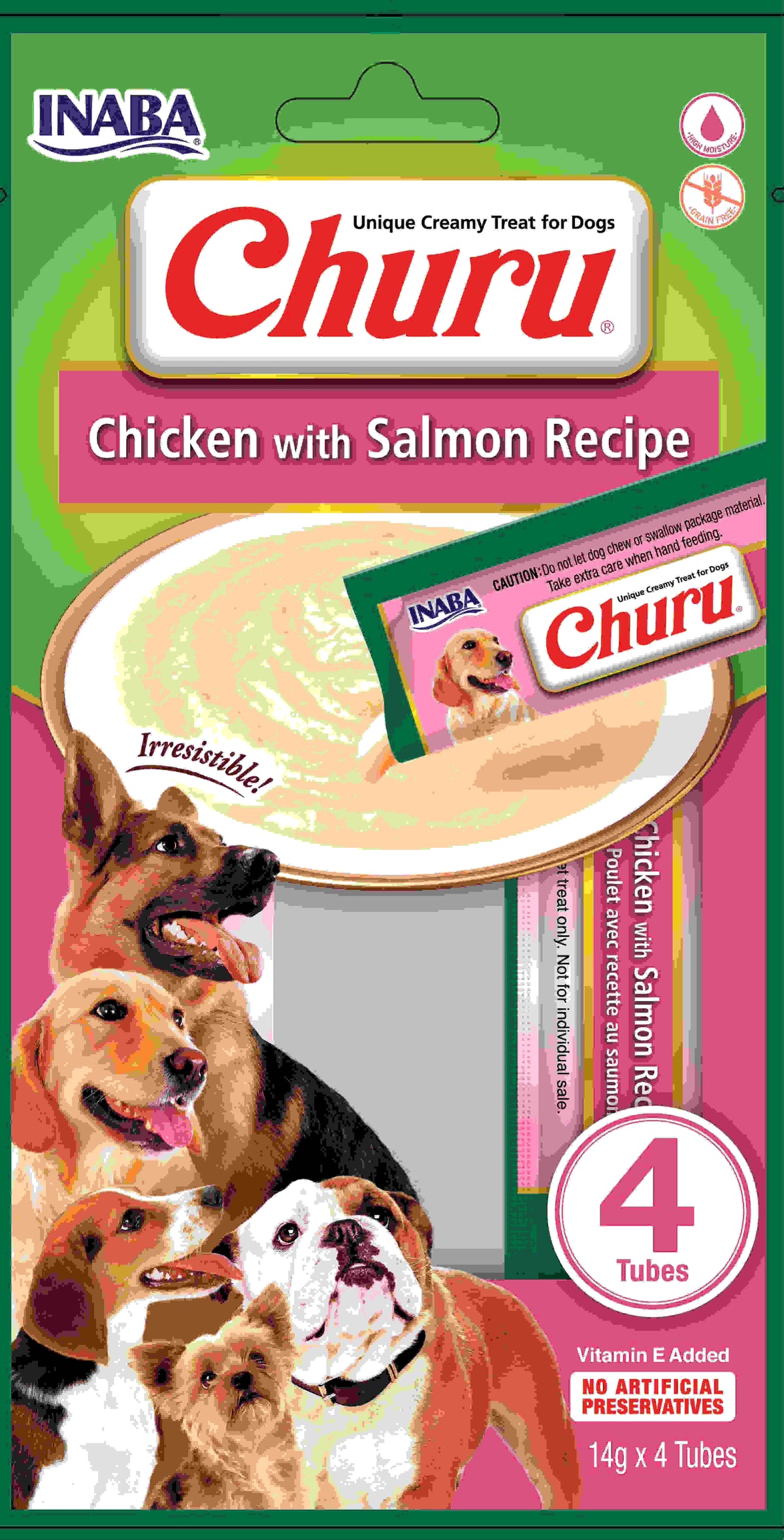 INABA CHURU Recompensa pt. caini, Piure Pui si Somon, Pachet cu 4 plicuri x 14g