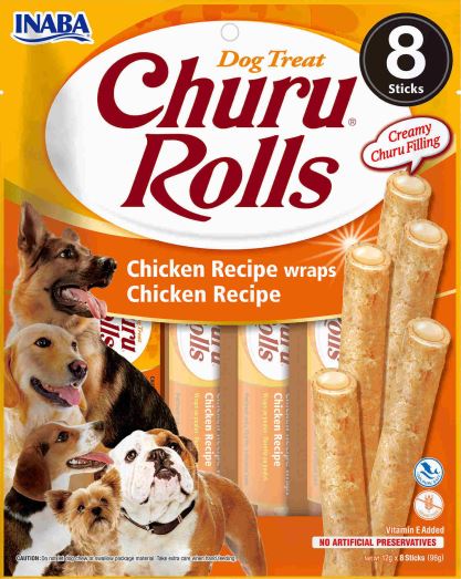 INABA CHURU Rolls Recompensă pt. câini, Baton Pui, Pachet cu 8 bucăţi x 12g - Maxi-Pet.ro