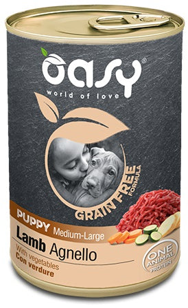 OASY Conservă pentru câini, PUPPY, Medium/Large, cu Miel, fără cereale 400g - Maxi-Pet.ro