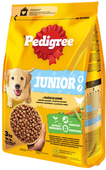 PEDIGREE Hrana uscata pentru catei JUNIOR Talie Medie/Mare, cu Pasare/Legume 3kg