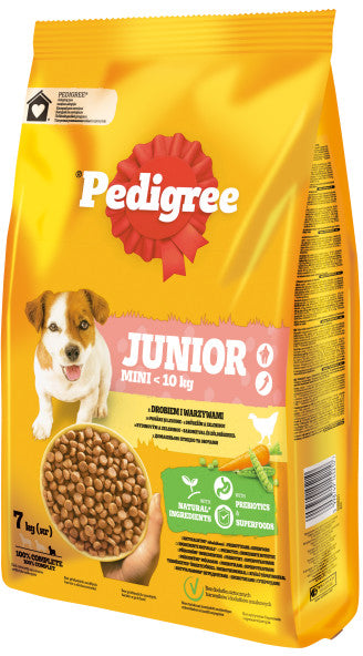 PEDIGREE Hrana uscata pentru catei JUNIOR Talie Mica, cu Pasare/Legume 7kg+1,4kg