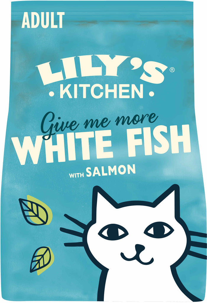LILY'S KITCHEN Give me more, hrana uscata pentru pisici, cu Peşte alb şi Somon