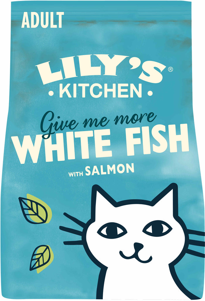 LILY'S KITCHEN Give me more, hrana uscata pentru pisici, cu Peste alb si Somon