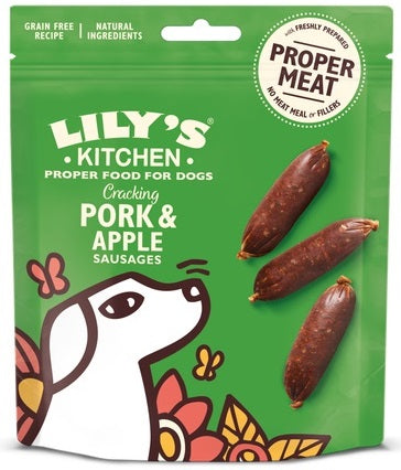 LILY'S KITCHEN Sausages Recompensa pentru caini Cracking, cu Porc şi Mere 70g
