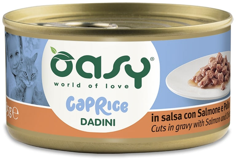 OASY CAPRICE Conserva pentru pisici, Bucati in sos, cu Somon si Pui 85g