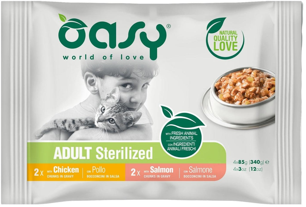 OASY Chunks in Gravy Multipack pentru pisici sterilizate, pachet 4x85g