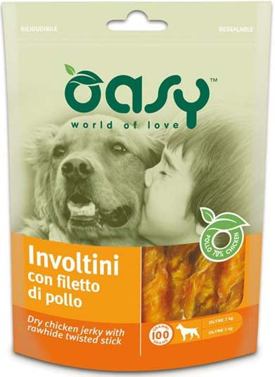 OASY Delicatese pentru caini Sticks impletit Piele de Vita si File de Pui 100g