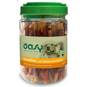 OASY Delicatese pentru caini Sticks impletit Piele de Vita si File de Rata 350g