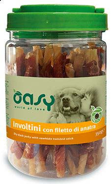OASY Delicatese pentru caini Sticks impletit Piele de Vita si File de Rata 350g