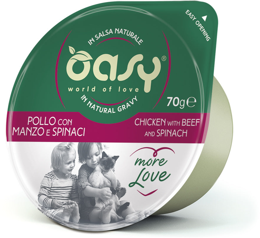 OASY More Love Bol pentru pisici, cu Pui, Vita si spanac 70g