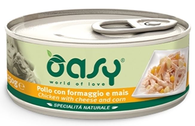OASY Specialita' Naturali Conserva pentru caini, cu Pui, Branza si Porumb 150g
