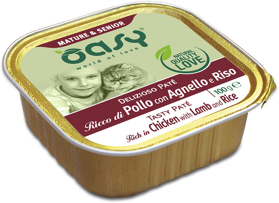 OASY TASTY PATE Hrana pentru pisici senioare, Pate cu Pui, Miel si orez 100g