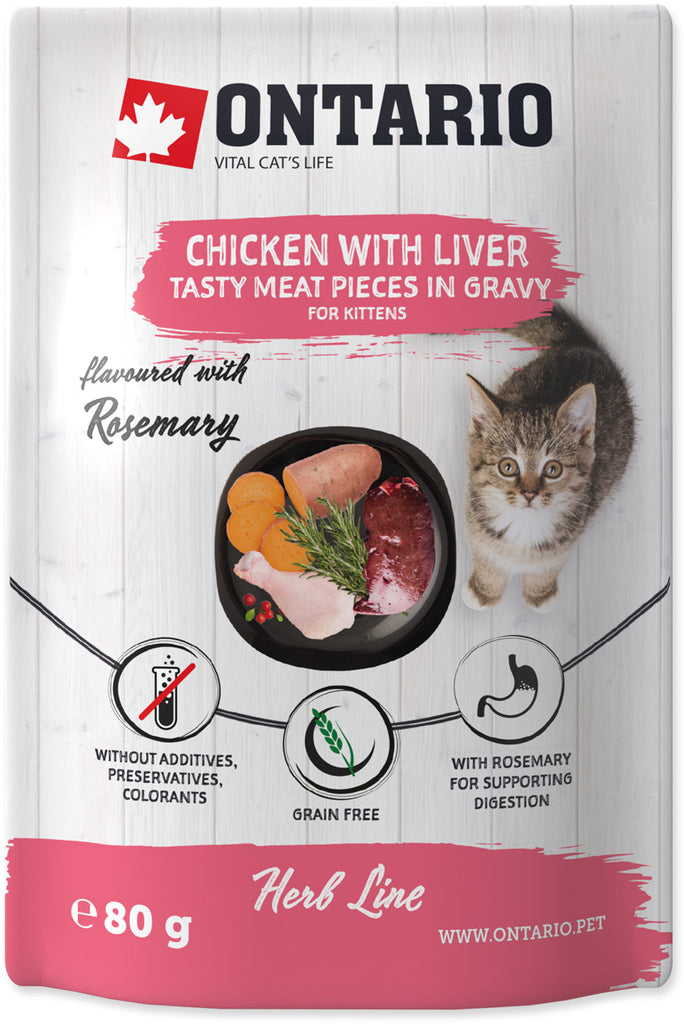 ONTARIO Herb Line KITTEN Plic pentru pisicute, Pui cu Ficat 80g