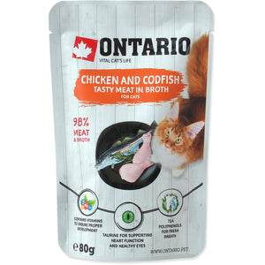 ONTARIO Plic pentru pisici adulte, cu Pui si Cod, in supa 80g