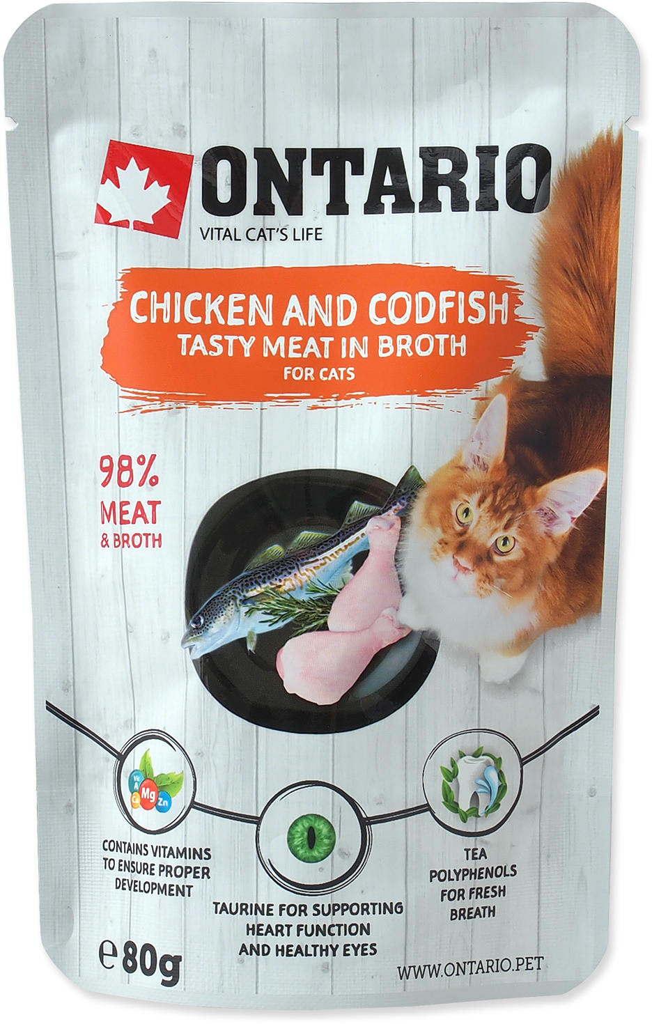 ONTARIO Plic pentru pisici adulte, cu Pui si Cod, in supa 80g