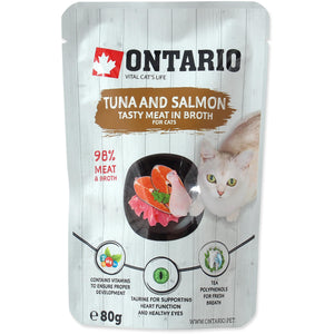 ONTARIO Plic pentru pisici adulte, cu Ton si Somon, in supa 80g