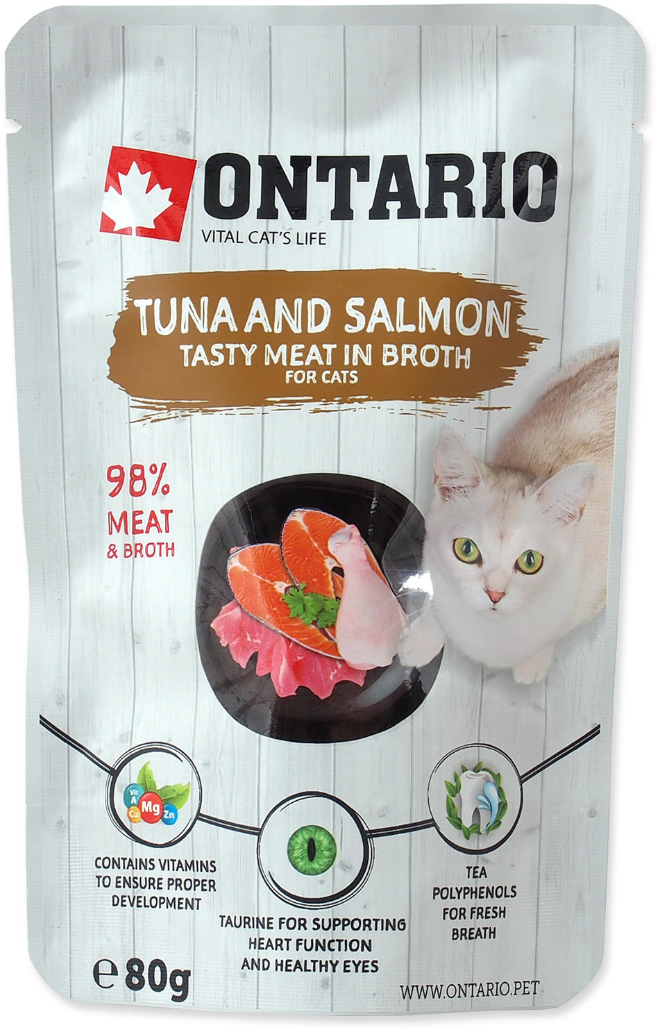 ONTARIO Plic pentru pisici adulte, cu Ton si Somon, in supa 80g
