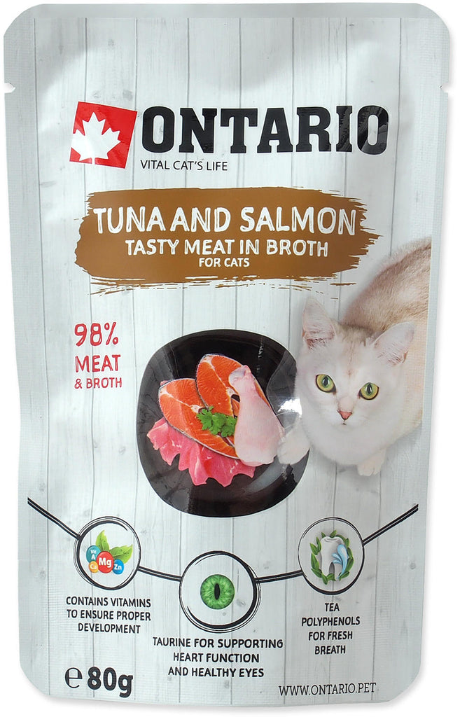 ONTARIO Plic pentru pisici adulte, cu Ton si Somon, in supa 80g